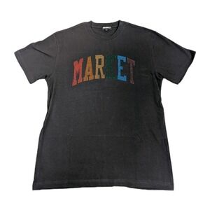 Market‎ Studios Spellout Shirt Mens Large Black Rainbow Rhinestone New Crew Neck